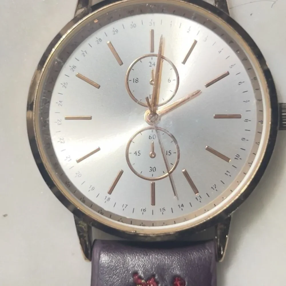 Rose Gold Quartz Women’s Watch Burgundy Floral Band 2 Sub-dials New Battery